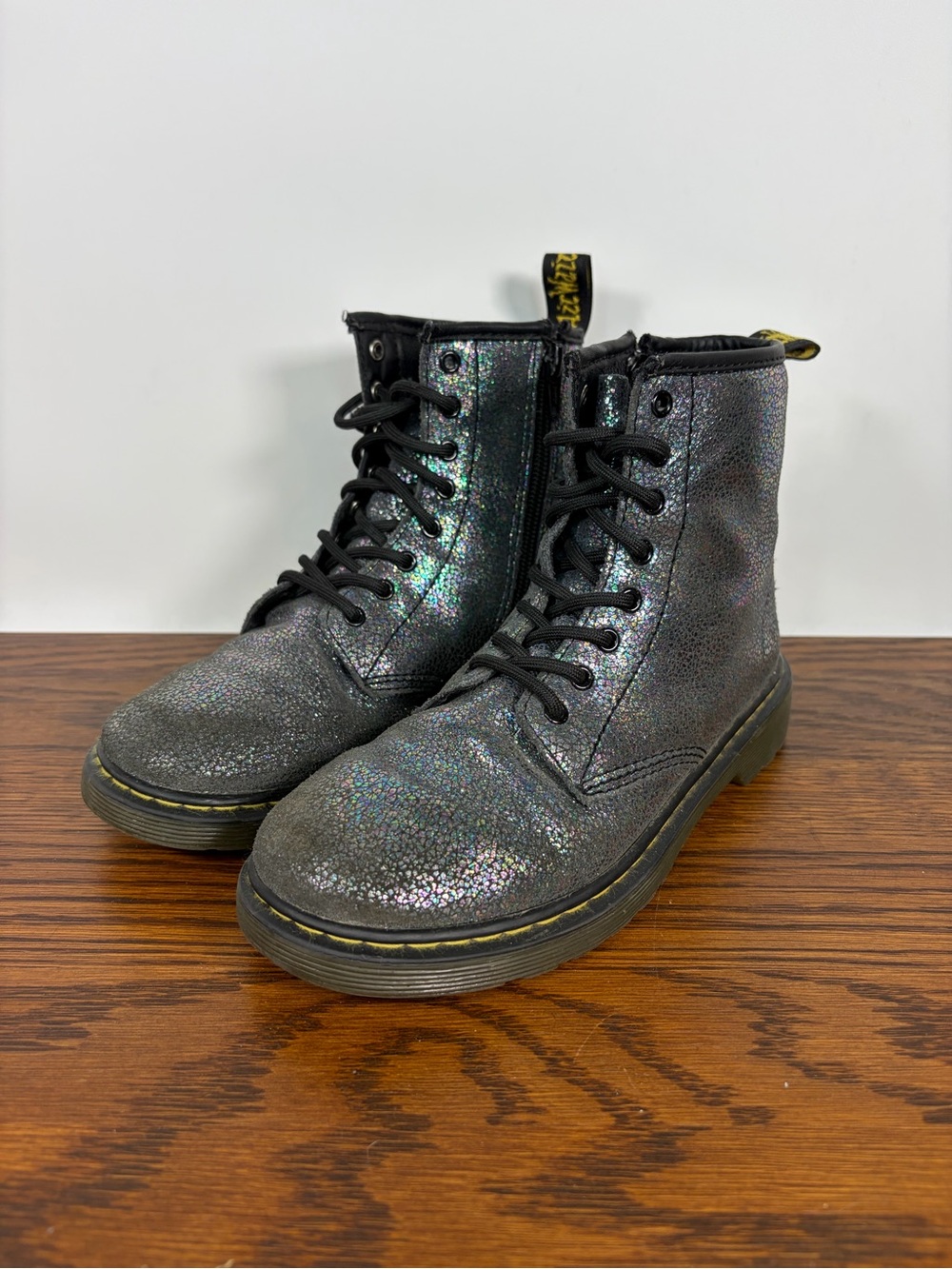 Dr Martens Kids Delaney Combat Boots Sparkly Glitter Crackle Zip Lace Up Size 3